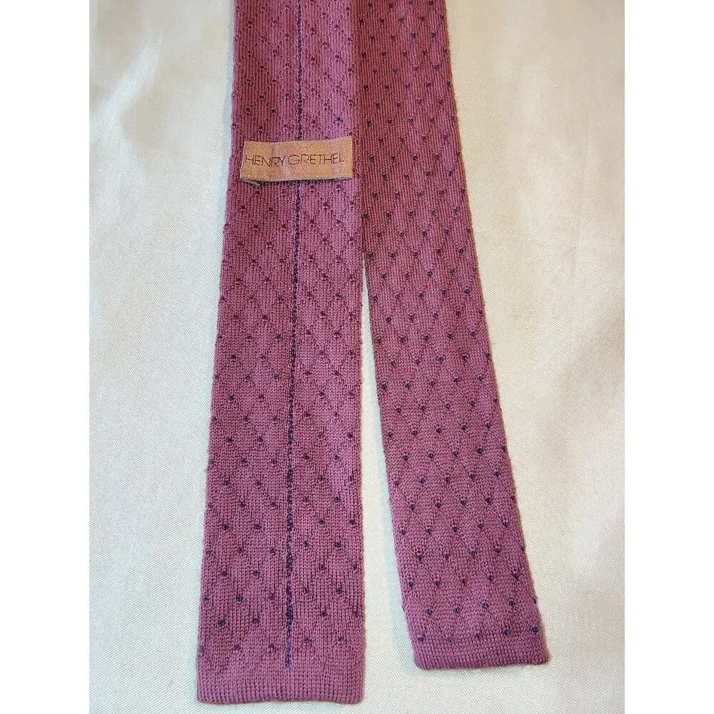 Vintage 80s Henry Grethel Cotton Woven Diamond Dot Square Purple Skinny Necktie